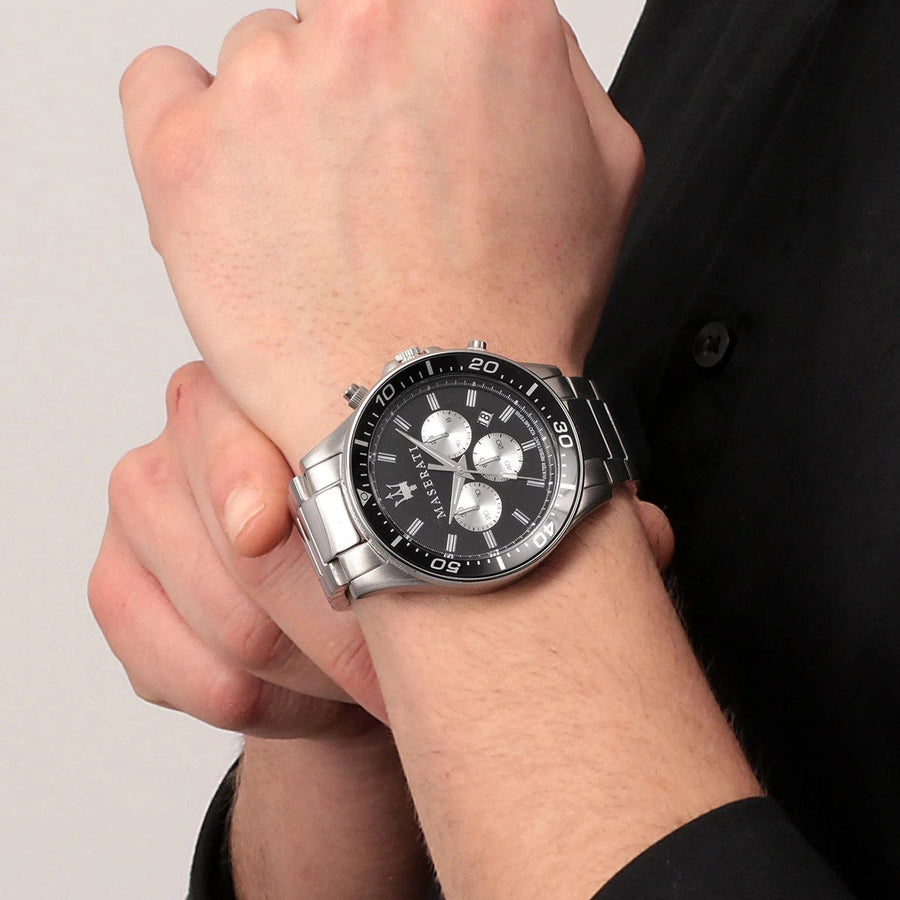 Maserati SFIDA Chronograph Black Dial Silver Steel Strap Watch For Men - R8873640004