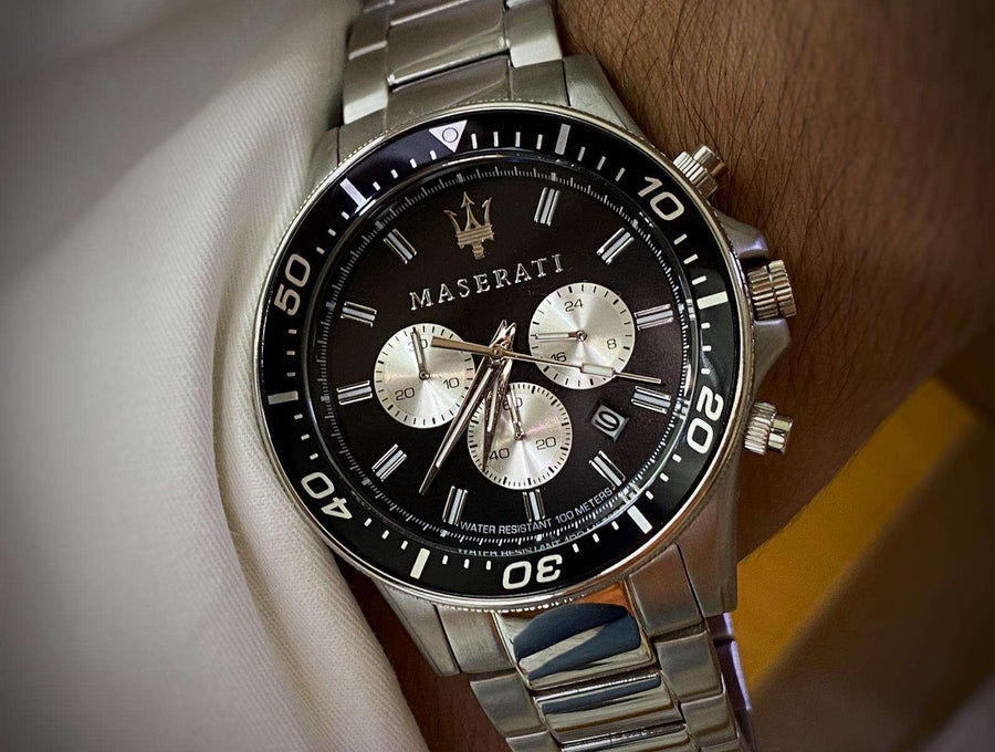 Maserati SFIDA Chronograph Black Dial Silver Steel Strap Watch For Men - R8873640004