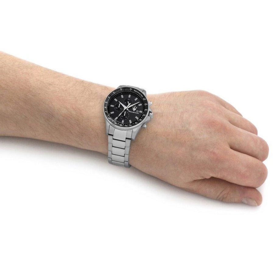 Maserati SFIDA Chronograph Black Dial Silver Steel Strap Watch For Men - R8873640015