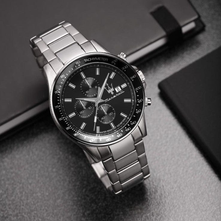 Maserati SFIDA Chronograph Black Dial Silver Steel Strap Watch For Men - R8873640015