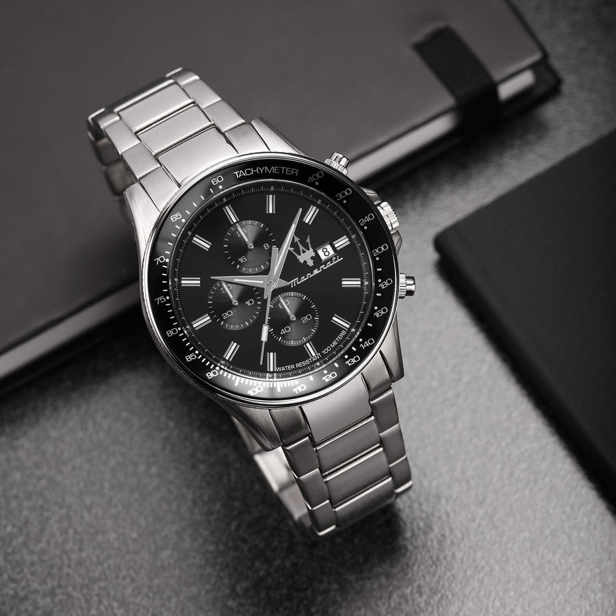 Maserati SFIDA Chronograph Black Dial Silver Steel Strap Watch For Men - R8873640015