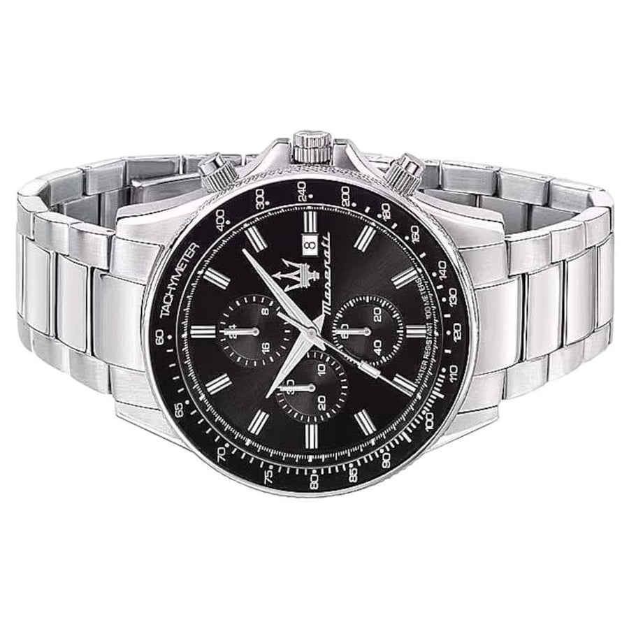 Maserati SFIDA Chronograph Black Dial Silver Steel Strap Watch For Men - R8873640015