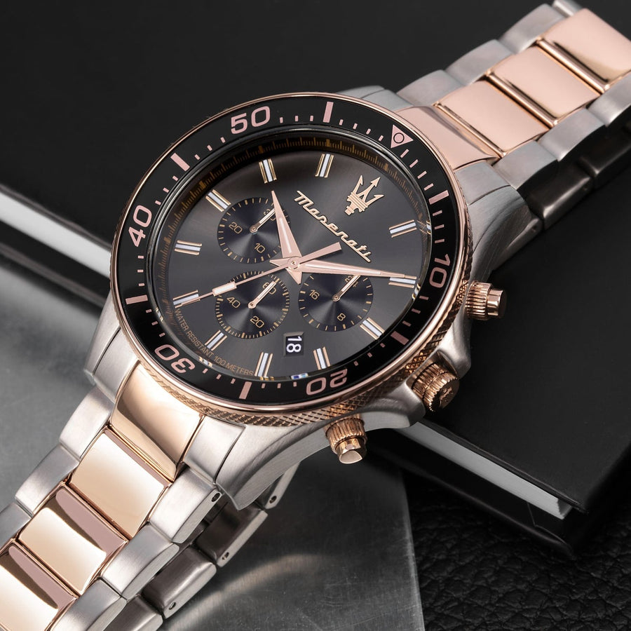 Maserati SFIDA Chronograph Black Dial Two Tone Steel Strap Watch For Men - R8873640002