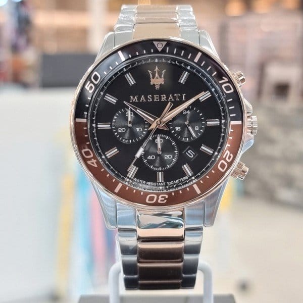Maserati SFIDA Chronograph Black Dial Two Tone Steel Strap Watch For Men - R8873640009
