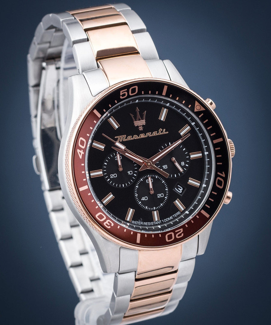 Maserati SFIDA Chronograph Black Dial Two Tone Steel Strap Watch For Men - R8873640009