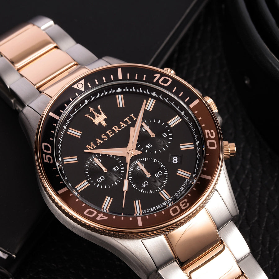 Maserati SFIDA Chronograph Black Dial Two Tone Steel Strap Watch For Men - R8873640009