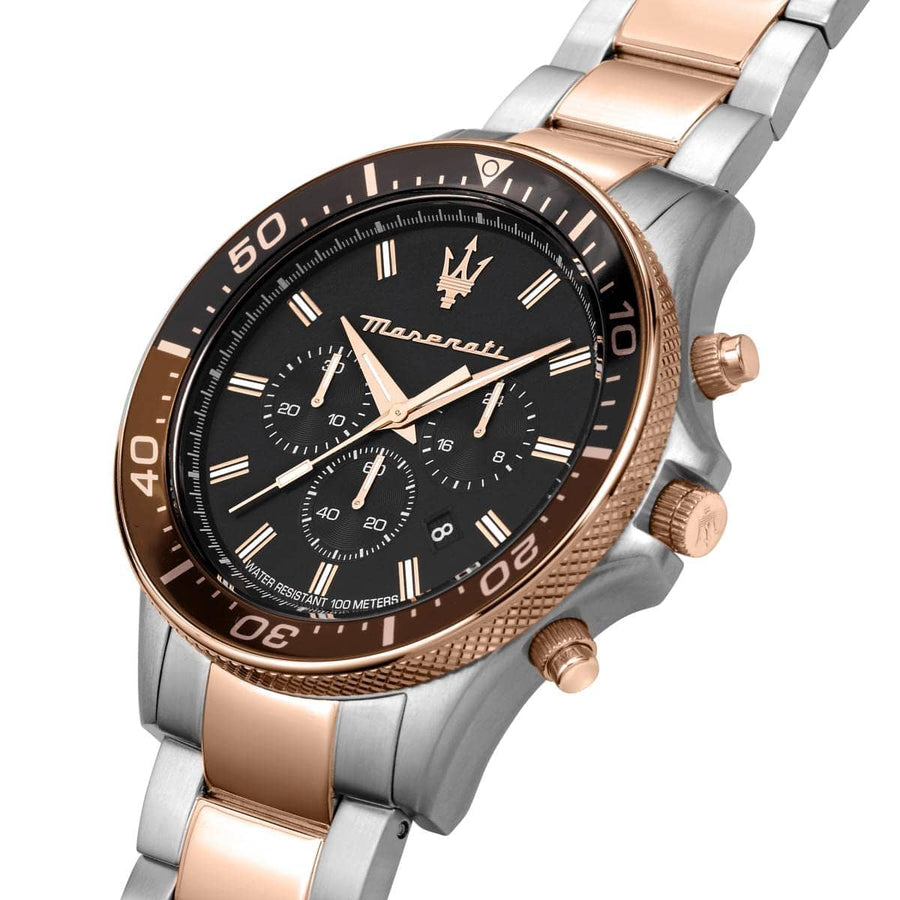 Maserati SFIDA Chronograph Black Dial Two Tone Steel Strap Watch For Men - R8873640009