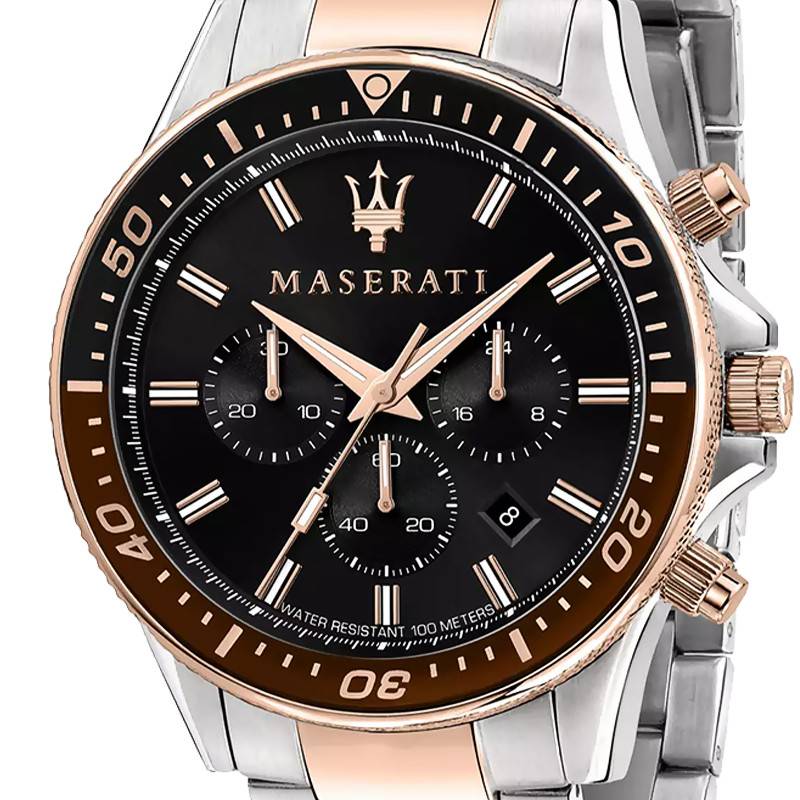 Maserati SFIDA Chronograph Black Dial Two Tone Steel Strap Watch For Men - R8873640009