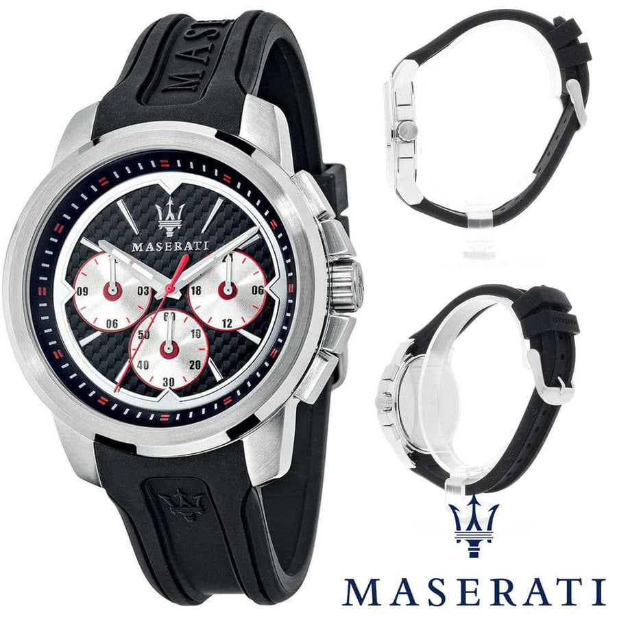 Maserati SFIDA Chronograph Black Silver Dial Black Rubber Strap Watch For Men - R8851123001