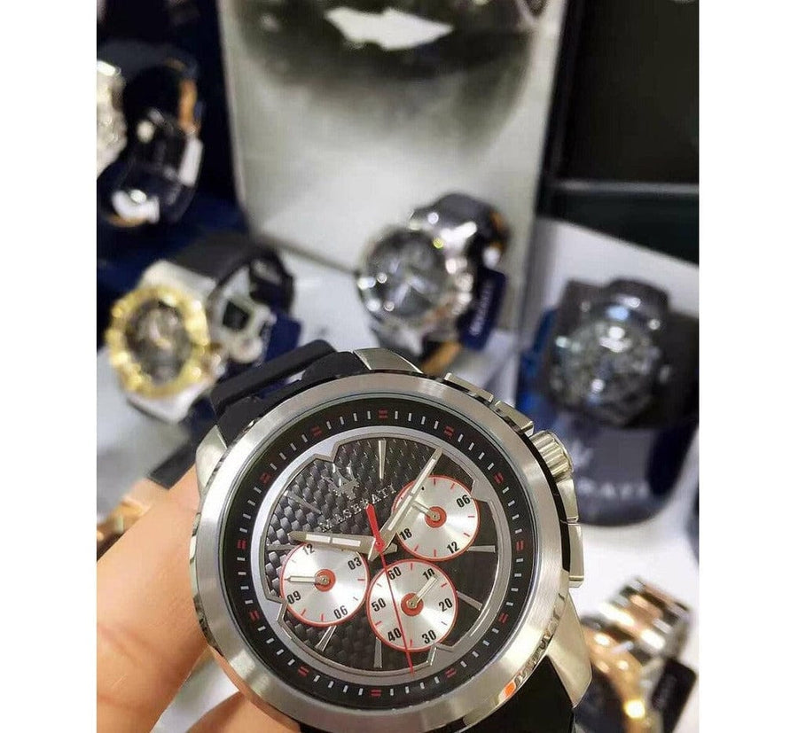 Maserati SFIDA Chronograph Black Silver Dial Black Rubber Strap Watch For Men - R8851123001