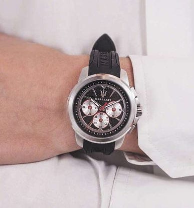 Maserati SFIDA Chronograph Black Silver Dial Black Rubber Strap Watch For Men - R8851123001