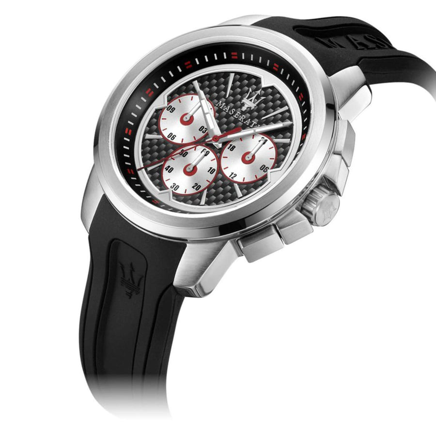 Maserati SFIDA Chronograph Black Silver Dial Black Rubber Strap Watch For Men - R8851123001