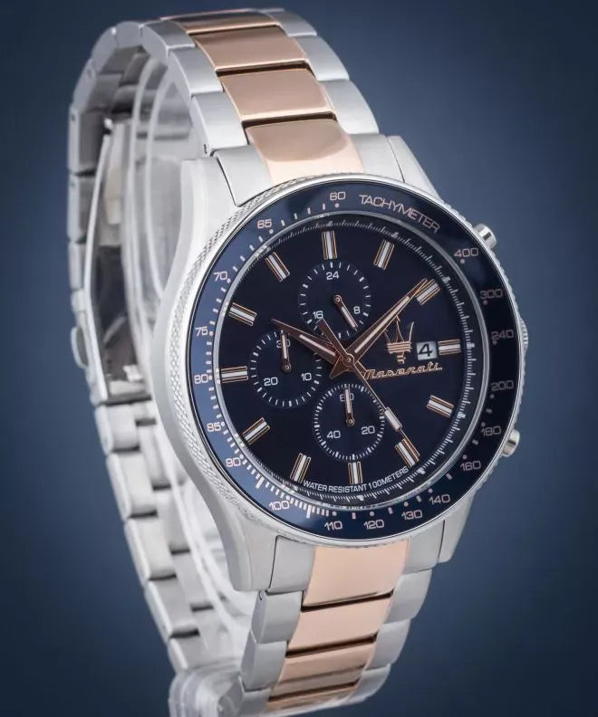 Maserati SFIDA Chronograph Blue Dial Two Tone Steel Strap Watch For Men - R8873640012