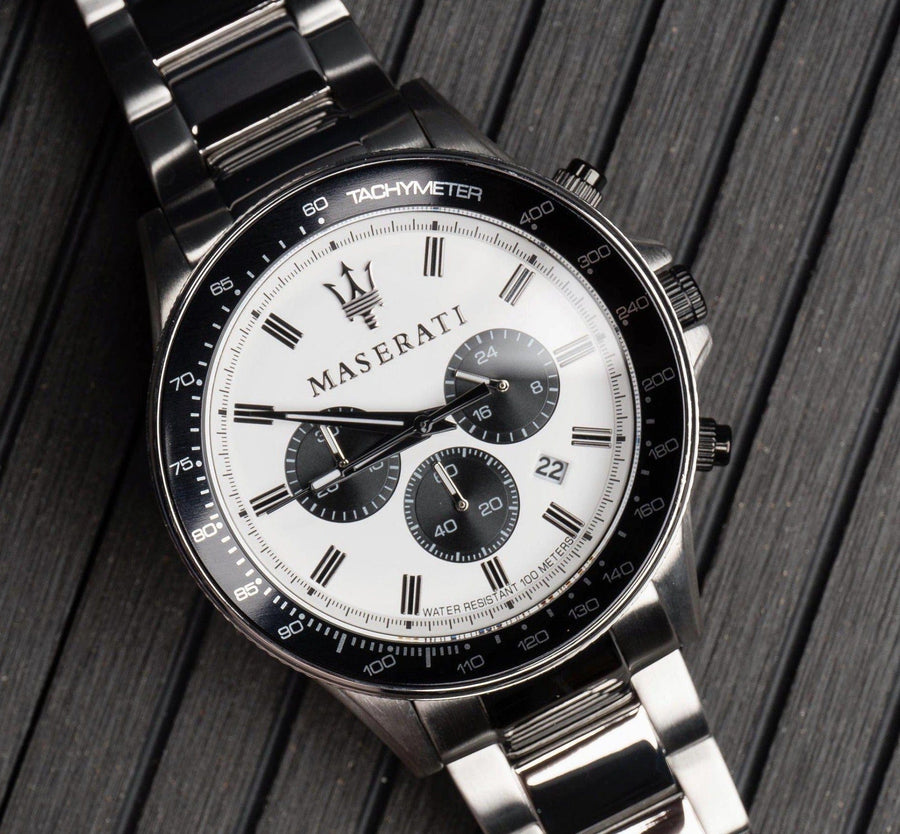 Maserati SFIDA Chronograph White Dial Silver Steel Strap Watch For Men - R8873640003