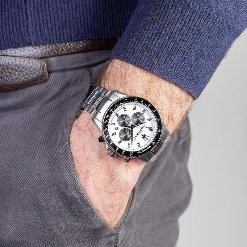 Maserati SFIDA Chronograph White Dial Silver Steel Strap Watch For Men - R8873640003