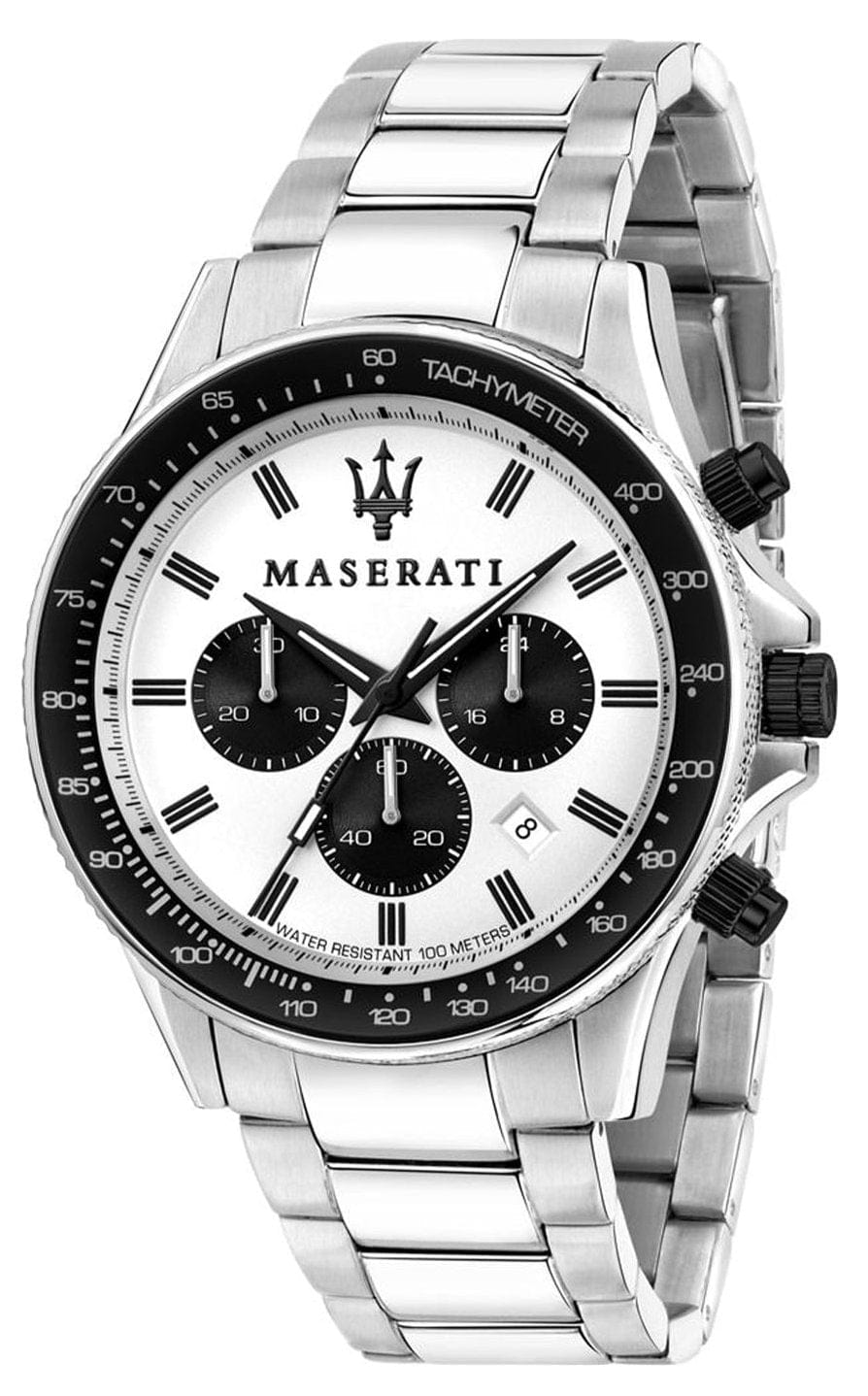 Maserati SFIDA Chronograph White Dial Silver Steel Strap Watch For Men - R8873640003