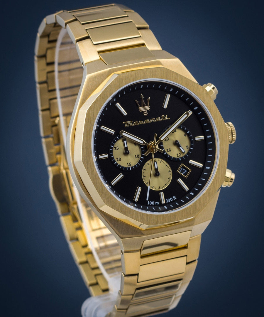 Maserati Stile 45mm Chronograph Black Dial Gold Steel Strap Watch For Men - R8873642001