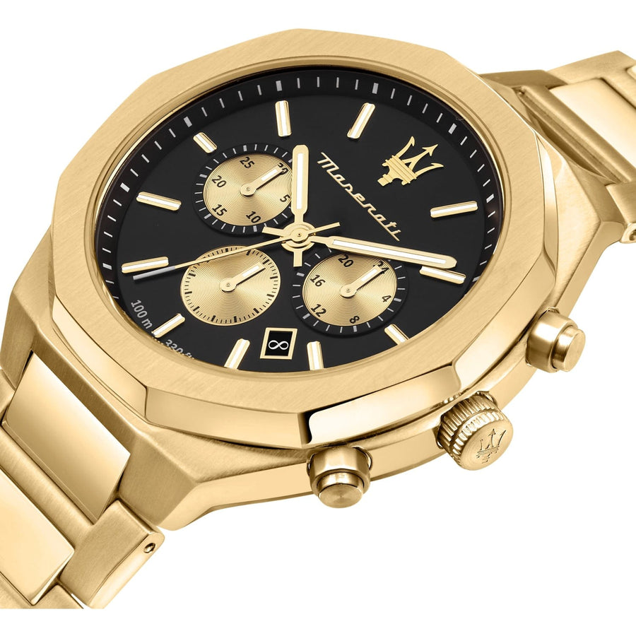 Maserati Stile 45mm Chronograph Black Dial Gold Steel Strap Watch For Men - R8873642001