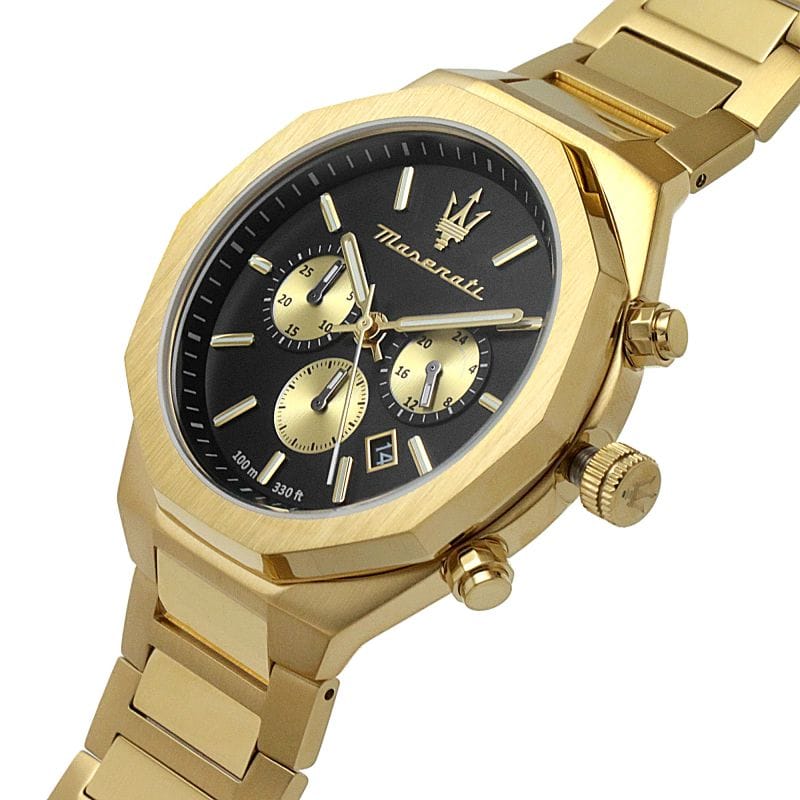 Maserati Stile 45mm Chronograph Black Dial Gold Steel Strap Watch For Men - R8873642001