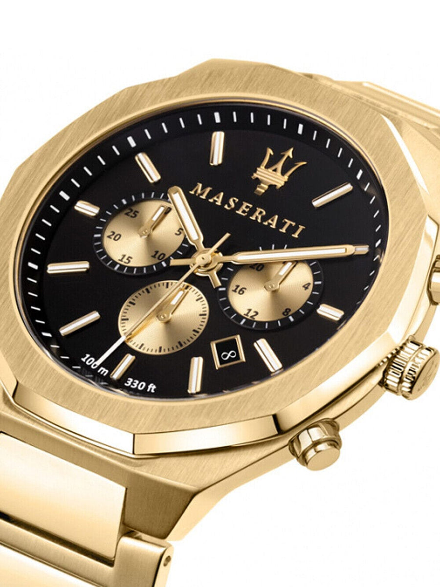 Maserati Stile 45mm Chronograph Black Dial Gold Steel Strap Watch For Men - R8873642001