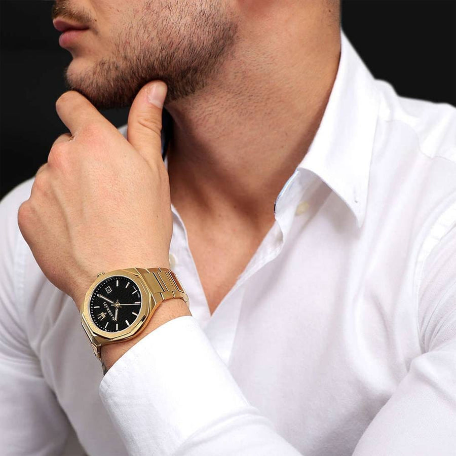 Maserati Stile Black Dial Gold Steel Strap Watch For Men - R8853142004