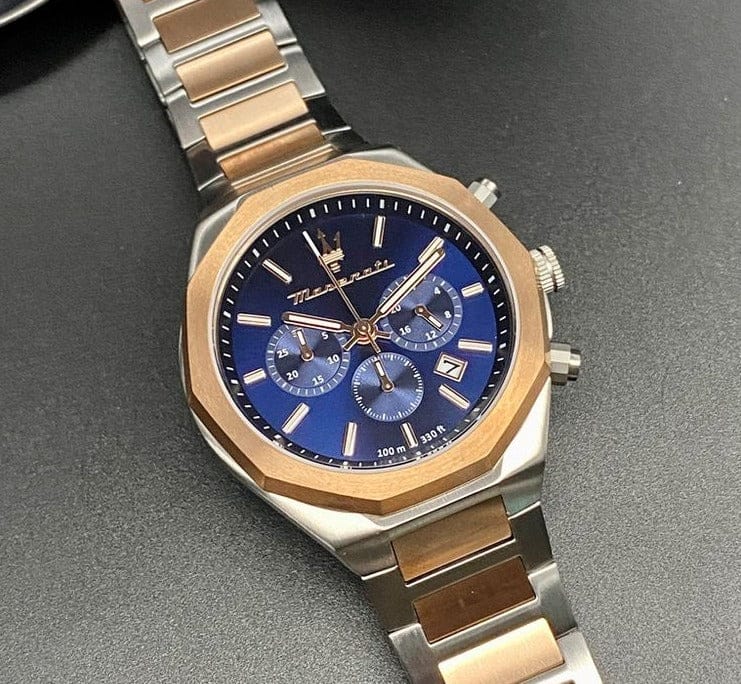Maserati Stile Chronograph Blue Dial Rose Gold Two Tone Strap Watch For Men - R8873642002