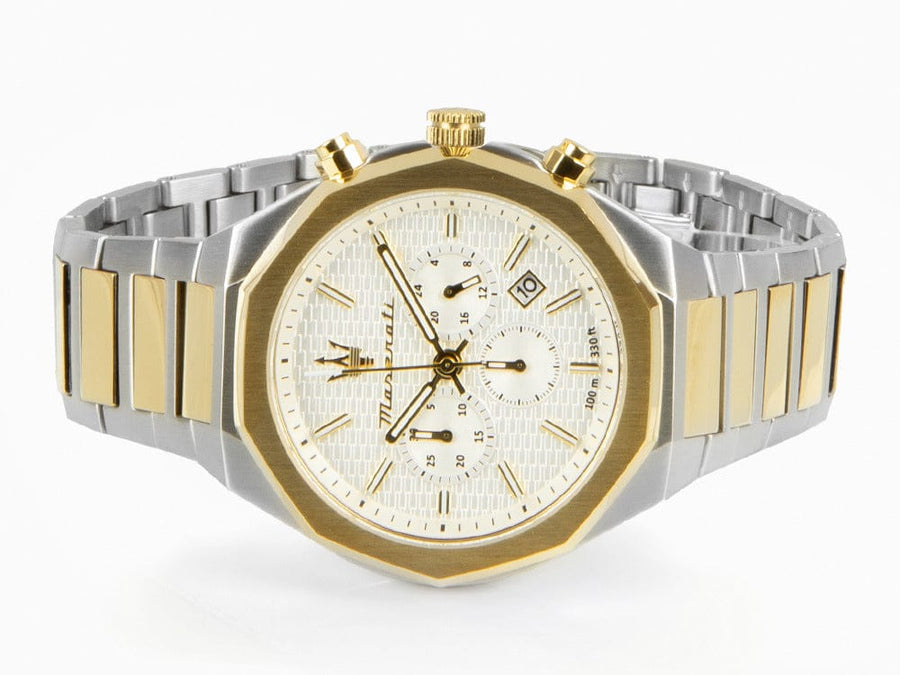 Maserati Stile Chronograph White Dial Two Tone Steel Strap Watch For Men - R8873642009