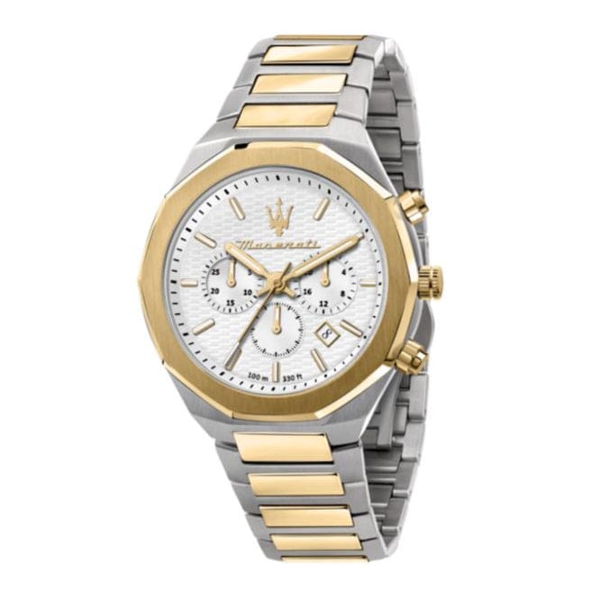 Maserati Stile Chronograph White Dial Two Tone Steel Strap Watch For Men - R8873642009