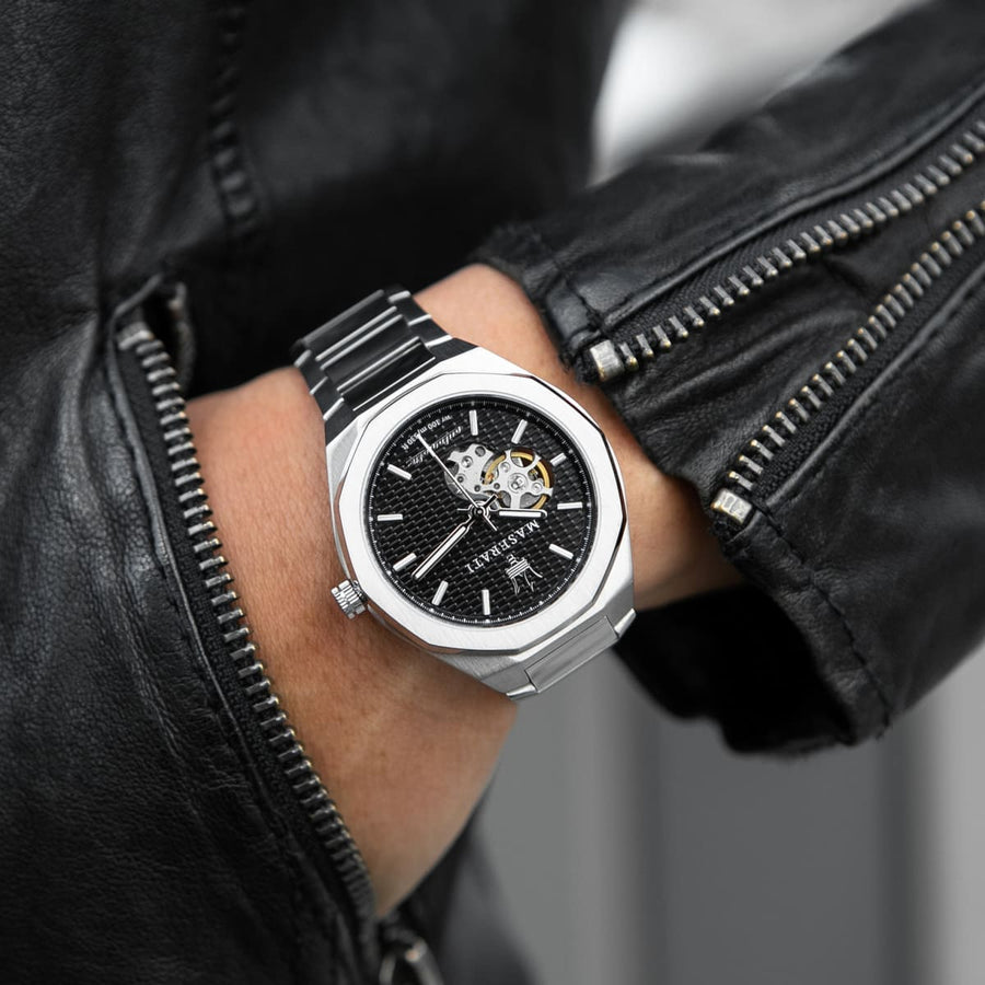 Maserati Stile Skeleton Automatic Black Dial Silver Steel Strap Watch For Men - R8823142002