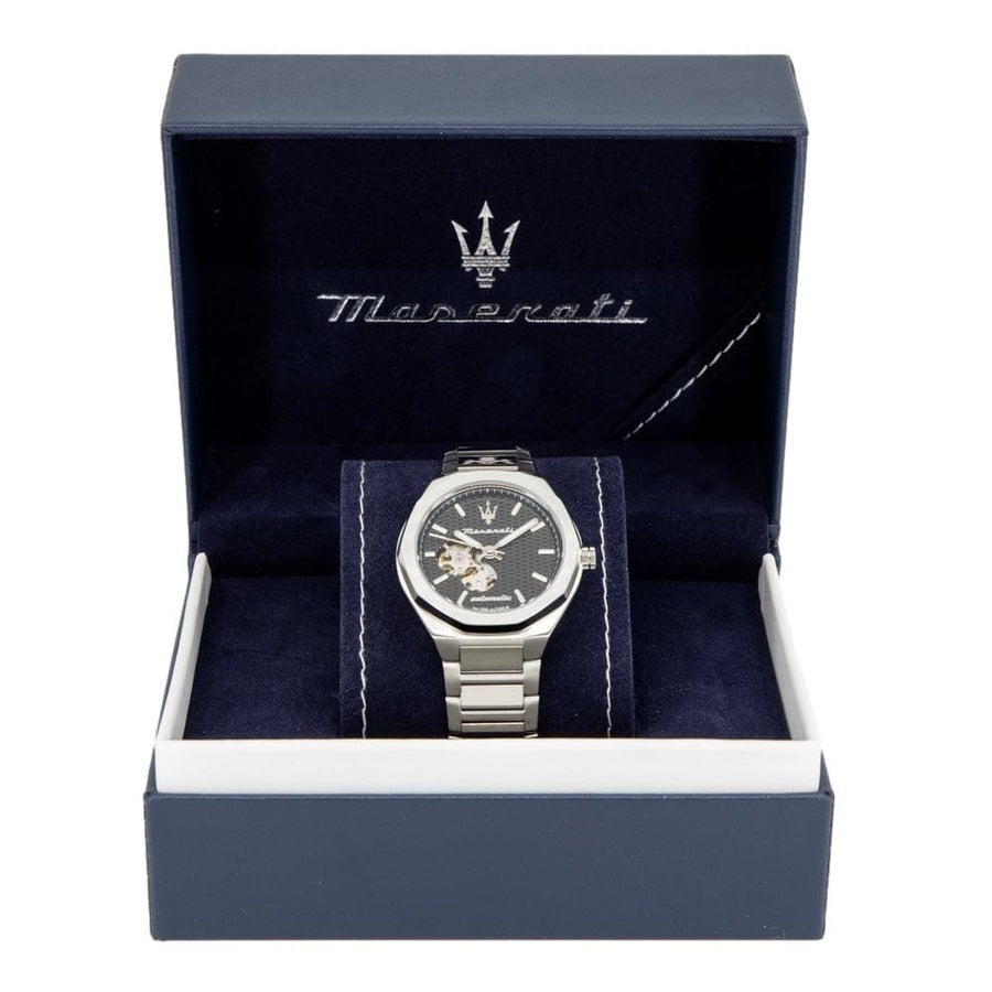 Maserati Stile Skeleton Automatic Black Dial Silver Steel Strap Watch For Men - R8823142002