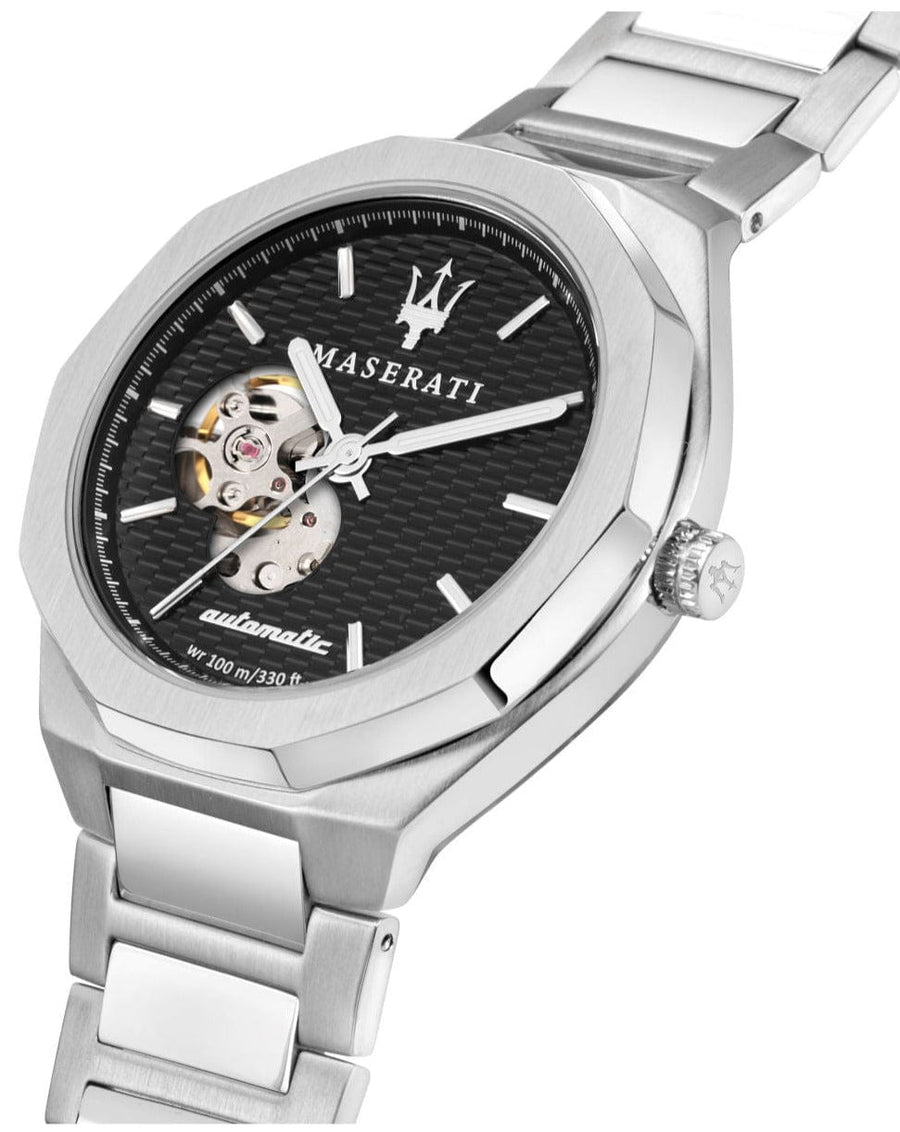 Maserati Stile Skeleton Automatic Black Dial Silver Steel Strap Watch For Men - R8823142002