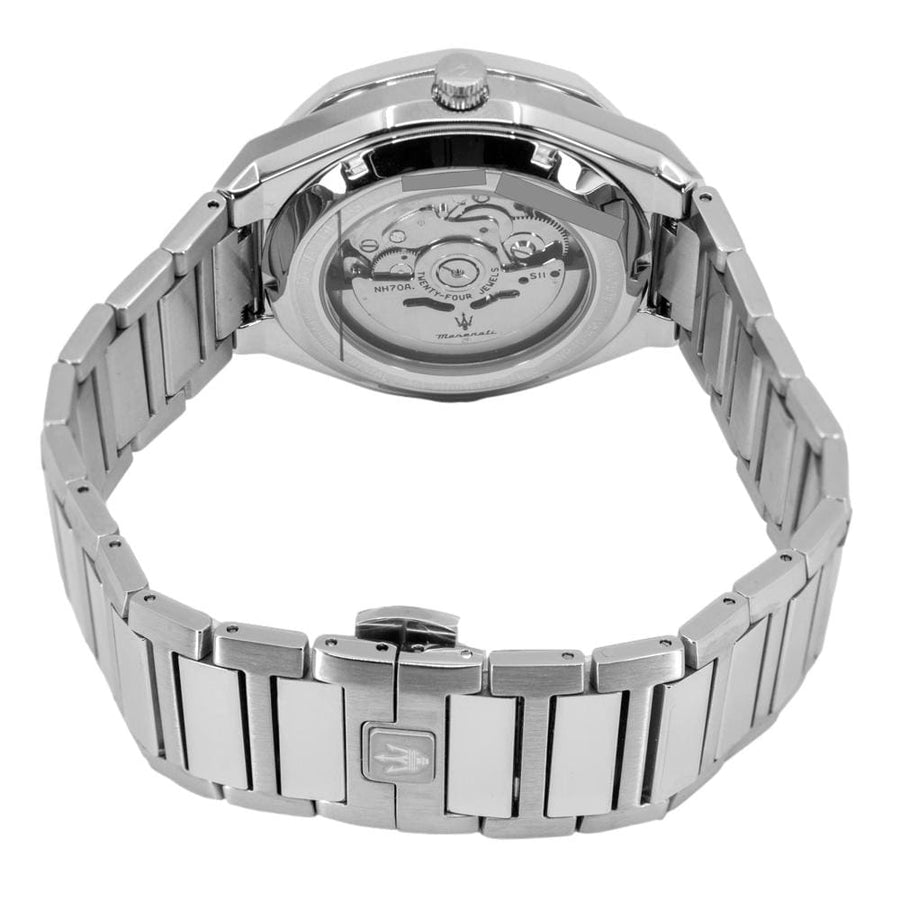 Maserati Stile Skeleton Automatic Black Dial Silver Steel Strap Watch For Men - R8823142002