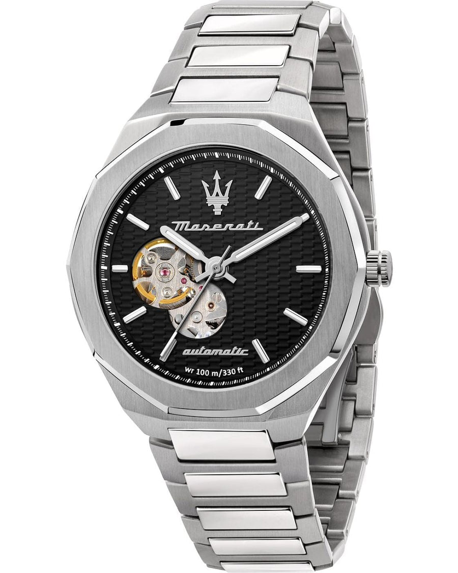 Maserati Stile Skeleton Automatic Black Dial Silver Steel Strap Watch For Men - R8823142002
