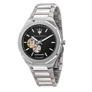Maserati Stile Skeleton Automatic Black Dial Silver Steel Strap Watch For Men - R8823142002