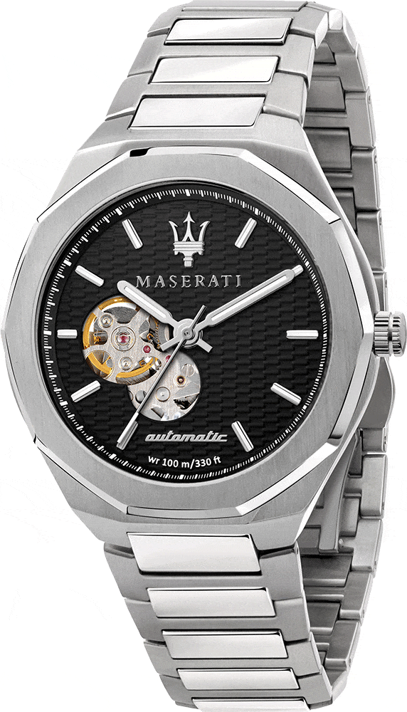 Maserati Stile Skeleton Automatic Black Dial Silver Steel Strap Watch For Men - R8823142002