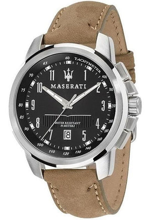 Maserati Successo Black Dial Beige Leather Strap Watch For Men - R8851121004