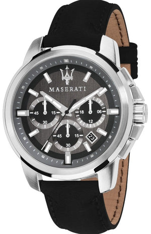 Maserati Successo 44mm Grey Dial Black Leather Strap Watch For Men - R8871621006