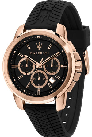 Maserati Successo 44mm Black Rose Gold Dial Black Rubber Strap Watch For Men - R8871621012