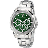 Maserati Successo Chronograph Green Dial Silver Steel Strap Watch For Men - R8873621017