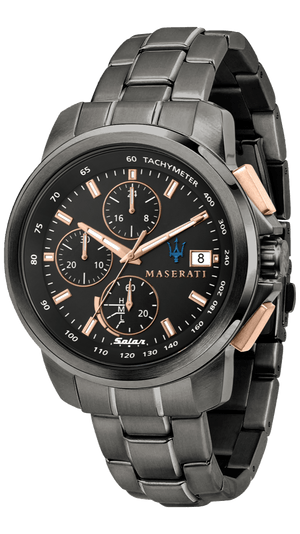 Maserati Successo Solar Black Dial Grey Steel Strap Watch For Men - R8873645001