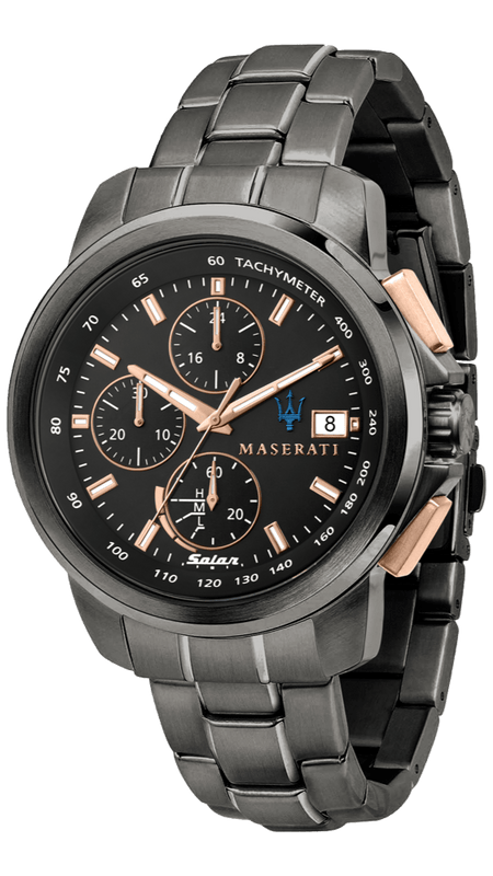 Maserati Successo Solar Black Dial Grey Steel Strap Watch For Men - R8873645001