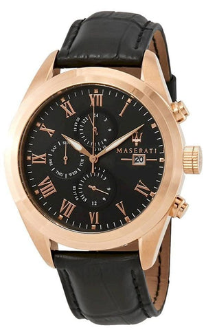 Maserati Traguardo Chronograph Black Dial Black Leather Strap Watch For Men - R8871612002