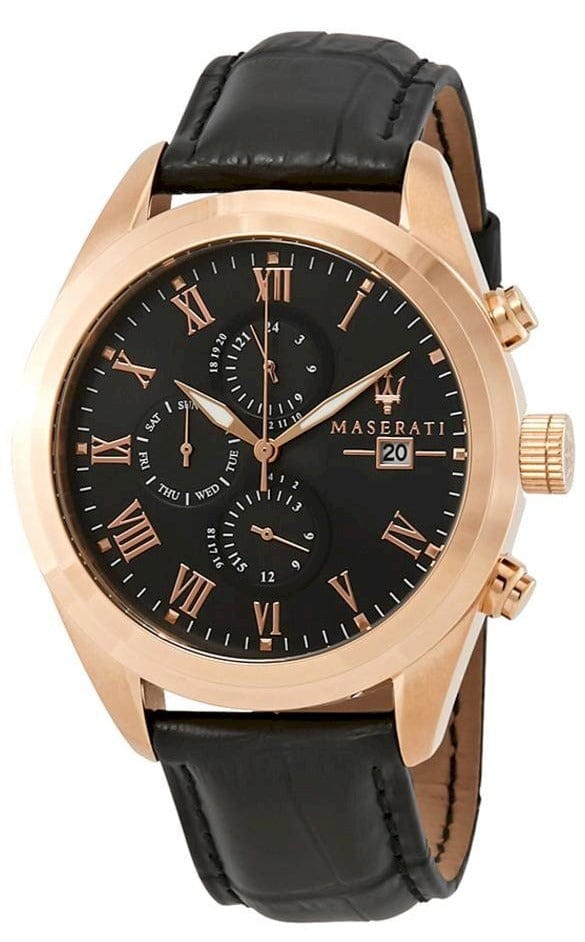 Maserati Traguardo Chronograph Black Dial Black Leather Strap Watch For Men - R8871612002