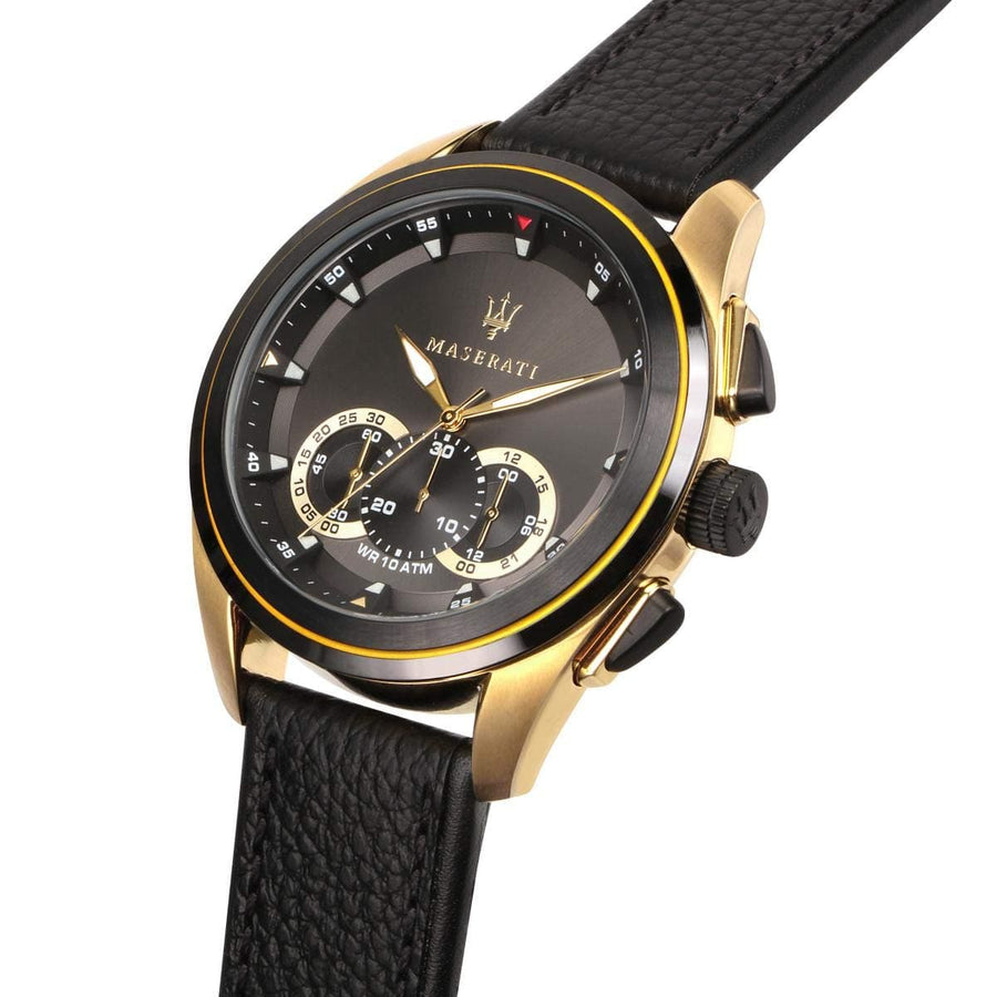 Maserati Traguardo Chronograph Black Dial Black Leather Strap Watch For Men - R8871612033