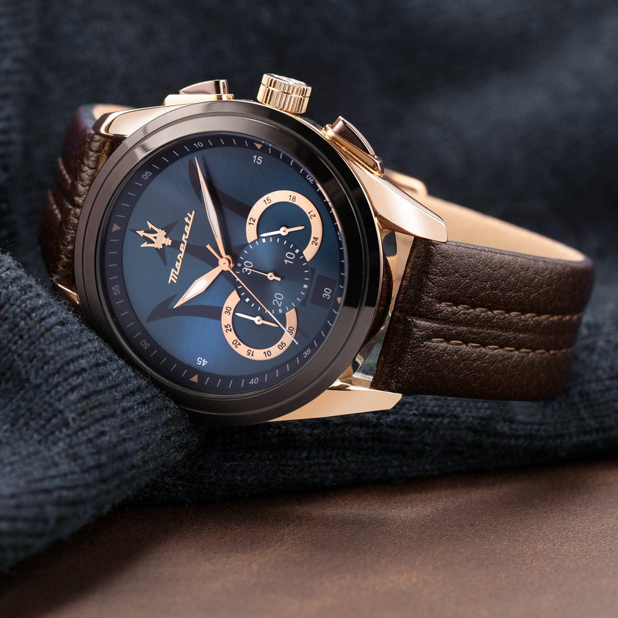 Maserati Traguardo Chronograph Blue Dial Brown Leather Strap Watch For Men - R8871612024