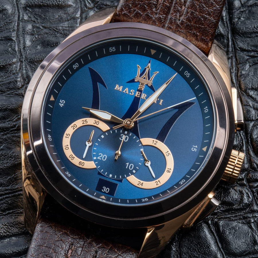 Maserati Traguardo Chronograph Blue Dial Brown Leather Strap Watch For Men - R8871612024