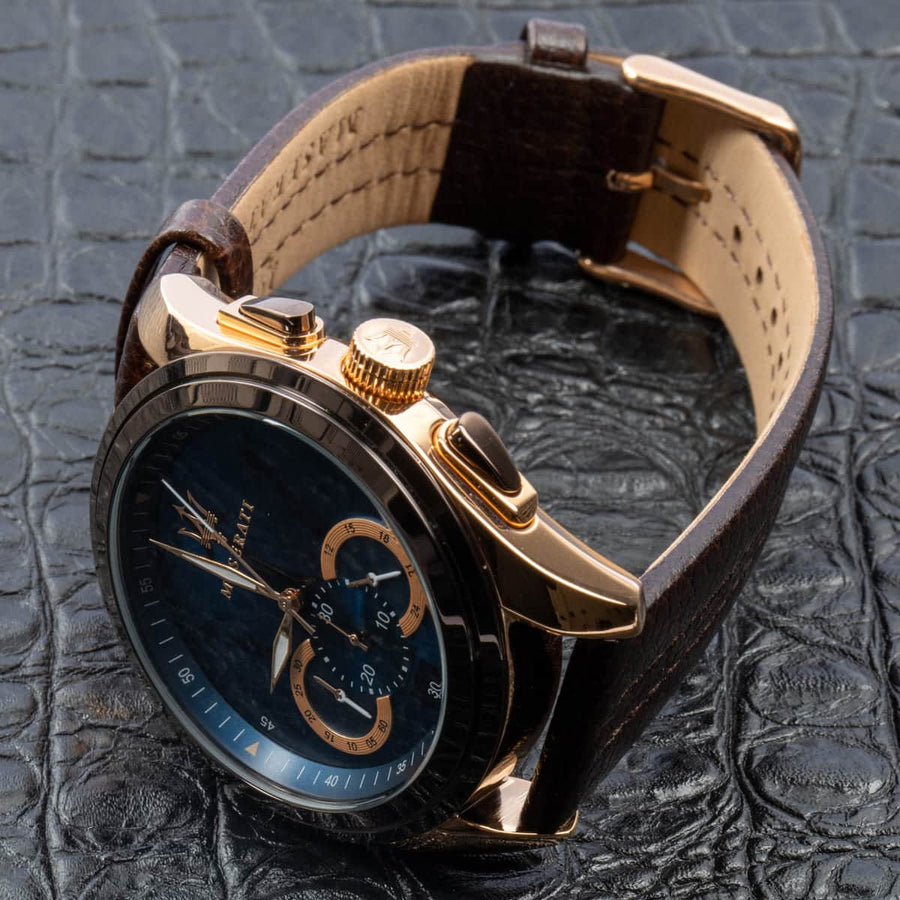 Maserati Traguardo Chronograph Blue Dial Brown Leather Strap Watch For Men - R8871612024