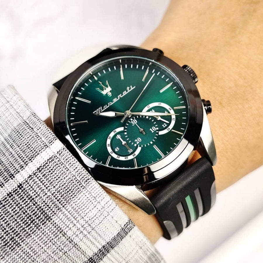 Maserati Traguardo Chronograph Green Dial Black Silicone Strap Watch For Men - R8871612043