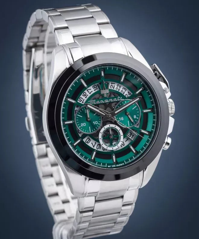 Maserati Traguardo Chronograph Green Dial Silver Steel Strap Watch For Men - R8873612060