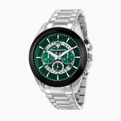 Maserati Traguardo Chronograph Green Dial Silver Steel Strap Watch For Men - R8873612060